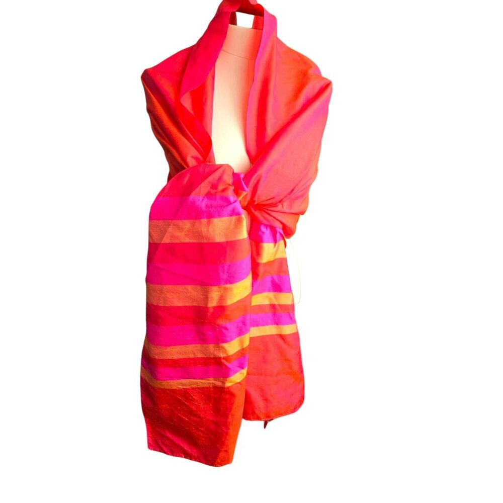 Vintage Pink Orange Handwoven Raw Silk Scarf/Shawl With Fuchsia Stripes HS242 - Picture 2 of 10